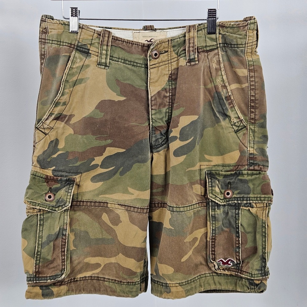 Hollister Cargo Button Fly Shorts Mens 30 (34) Camo Distressed Cotton Utility